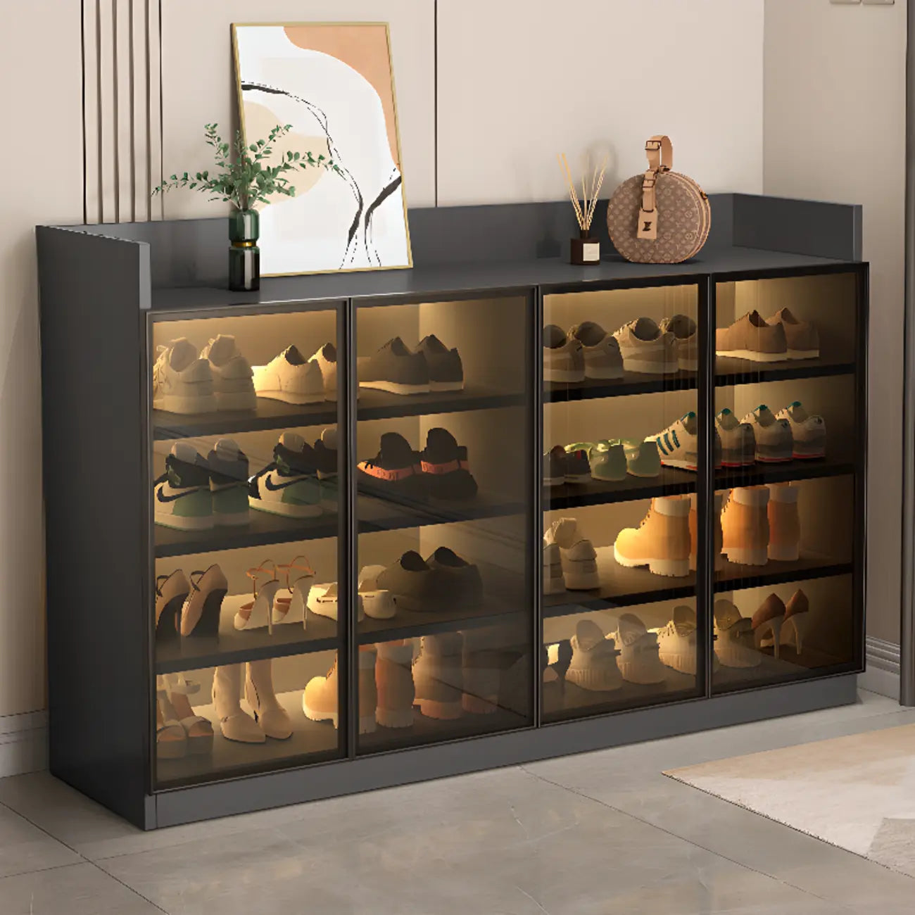 Led-lit Shoe Cabinet with Adjustable Shelves Transparent Doors