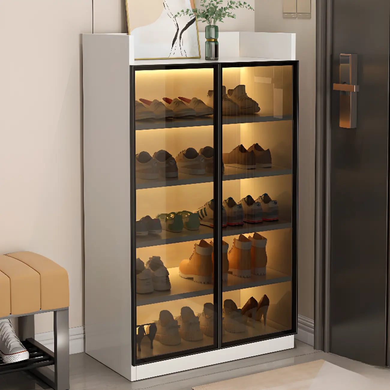 Led-lit Shoe Cabinet with Adjustable Shelves Transparent Doors