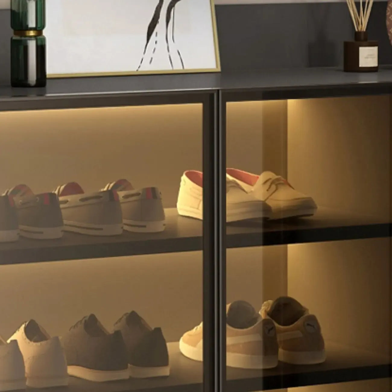 Led-lit Shoe Cabinet with Adjustable Shelves Transparent Doors
