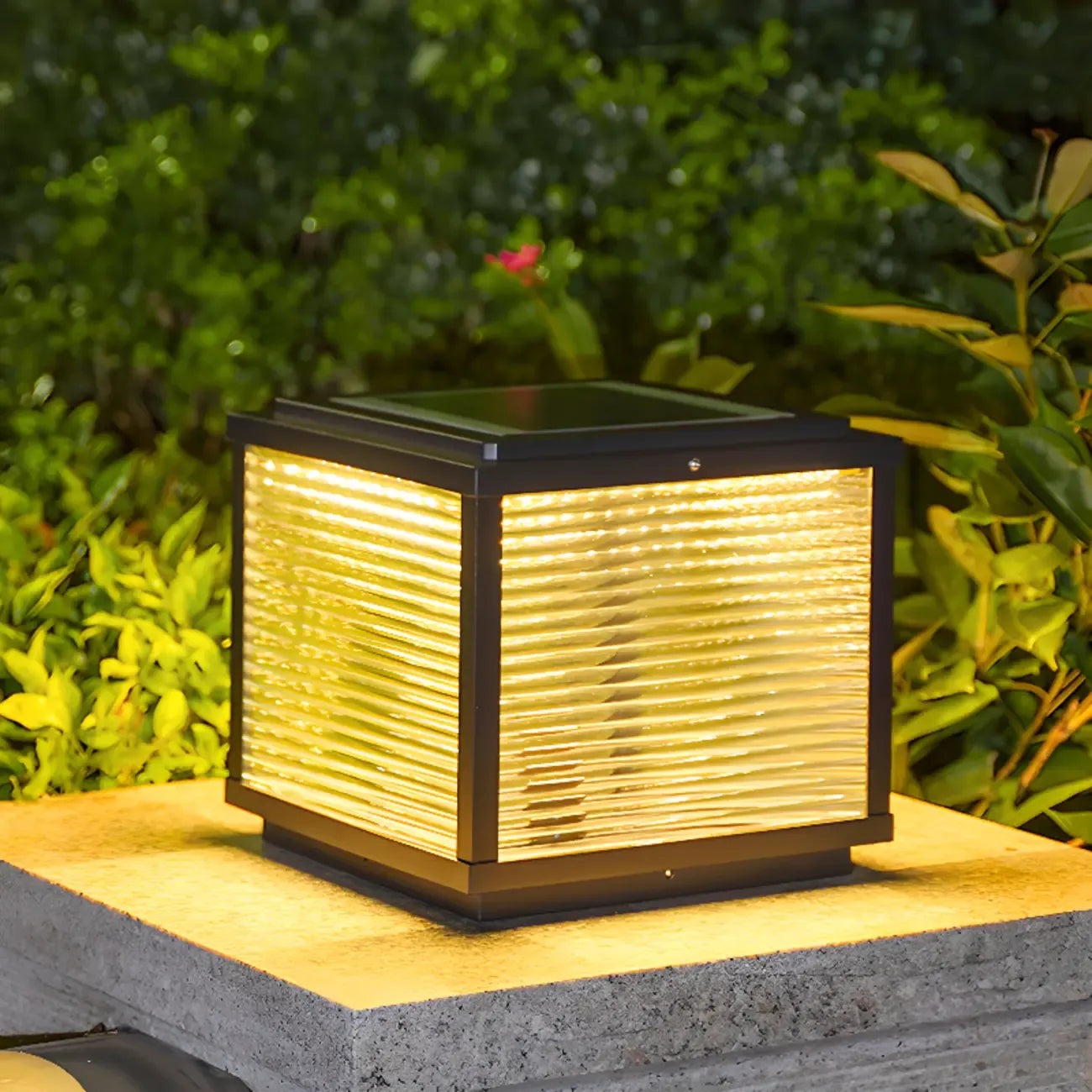 Black Metal Striped Solar Square Outdoor Post Lights