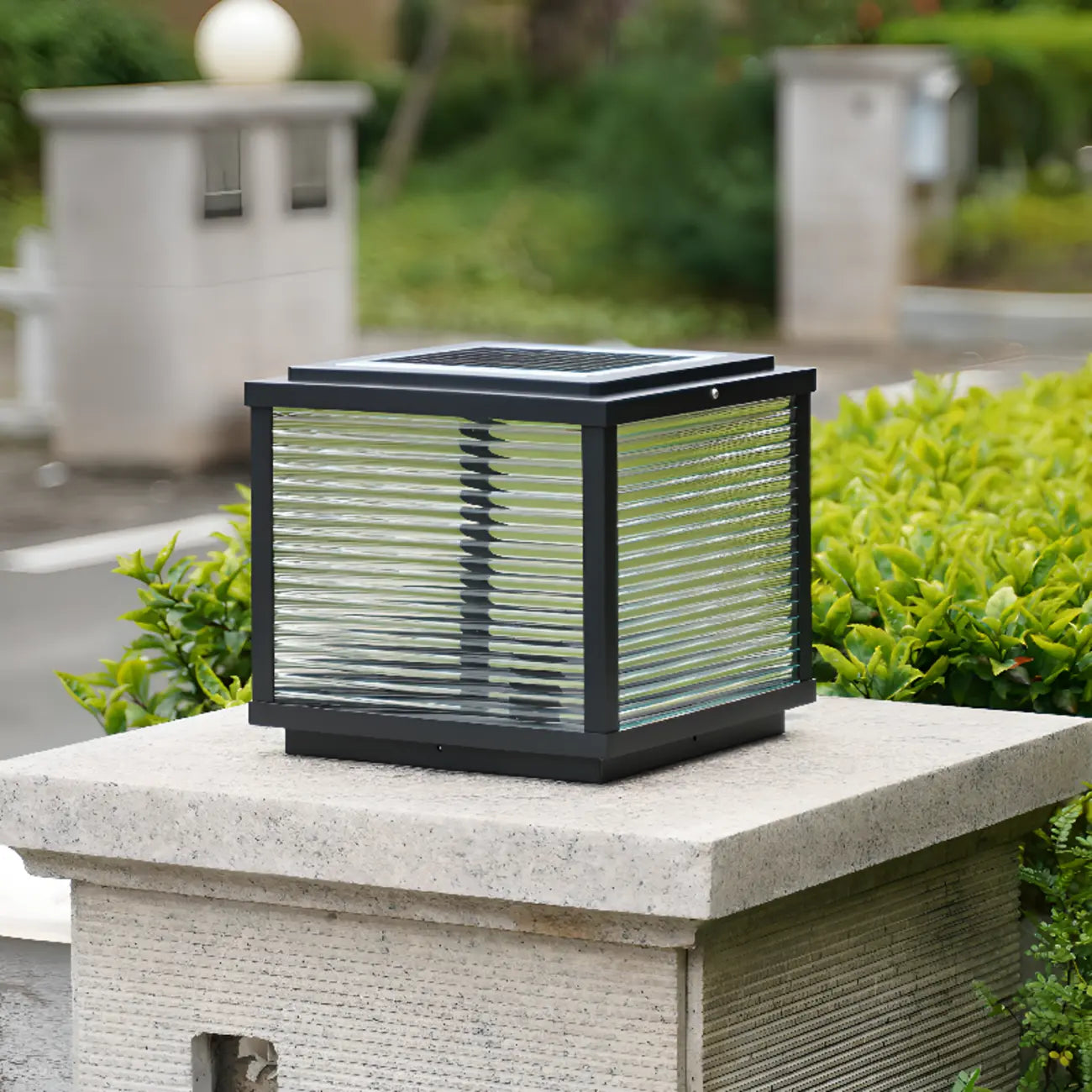 Black Metal Striped Solar Square Outdoor Post Lights