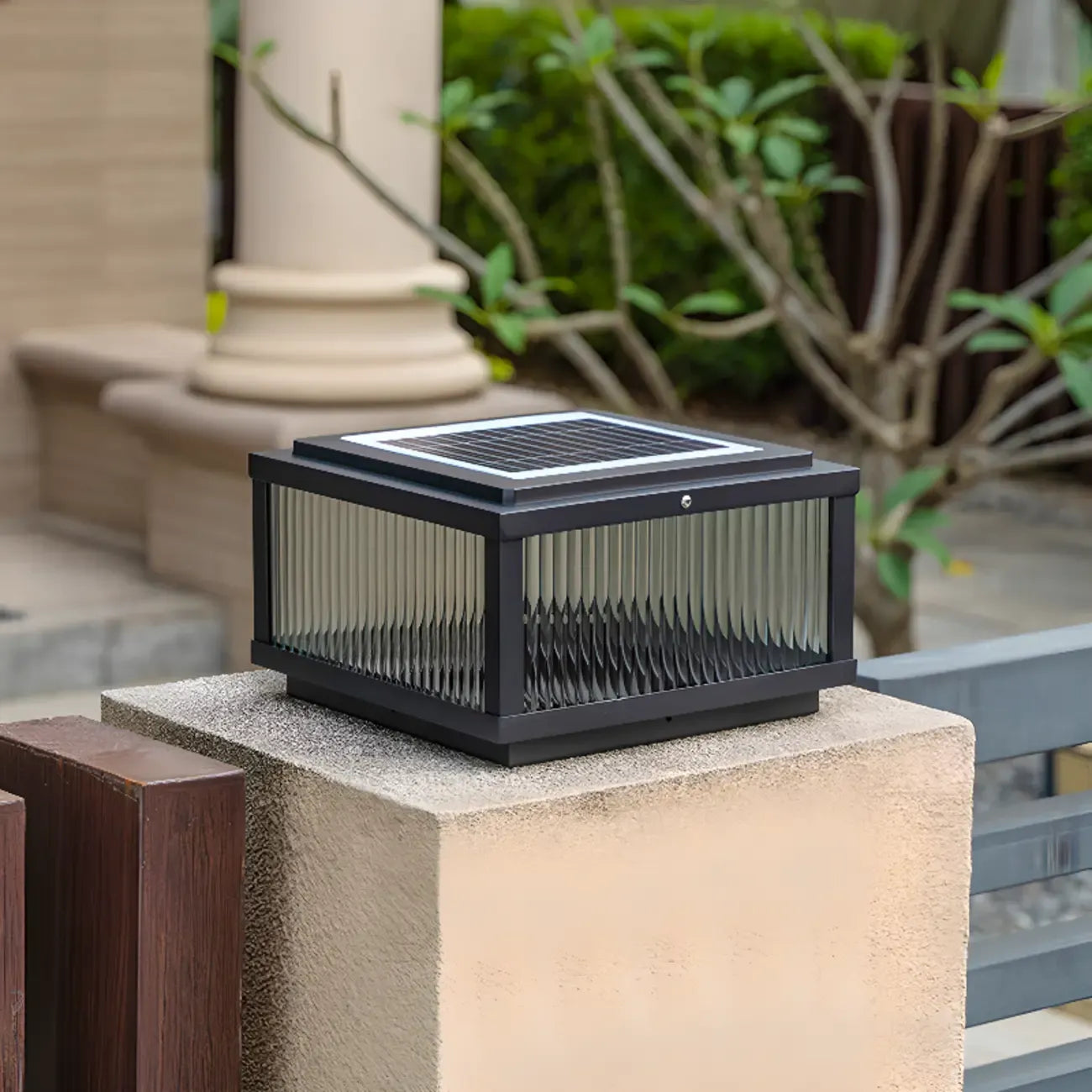 Black Metal Striped Solar Square Outdoor Post Lights