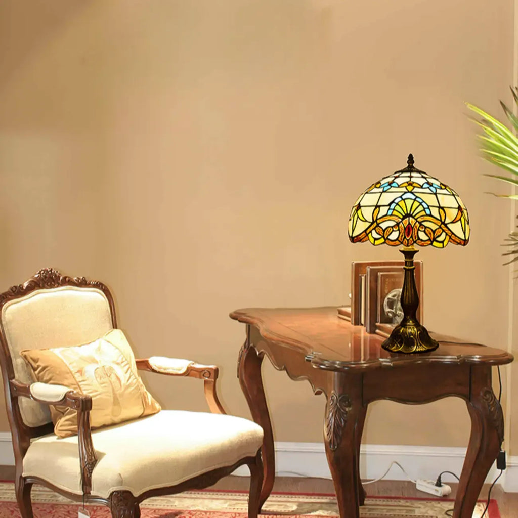 HomeyFad Vintage Stained Glass Dome Bronze Table Lamp