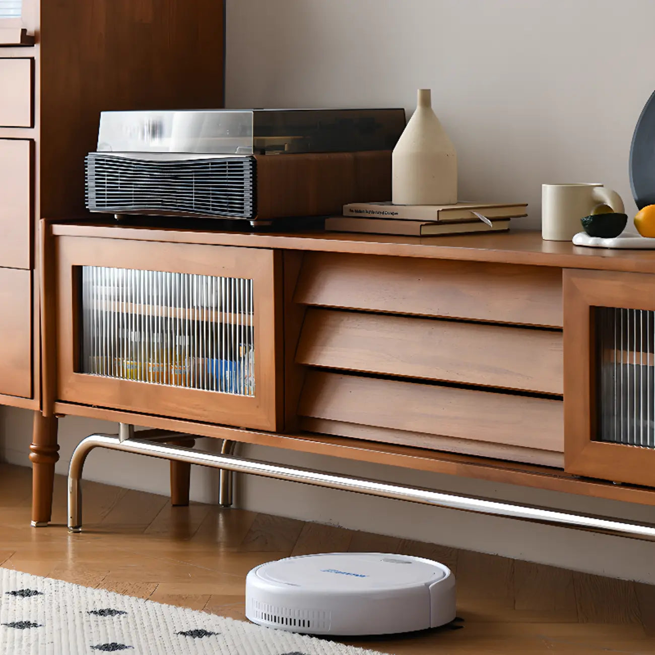 Nordic Brown Wood TV Stand with Metal Legs for Living Room