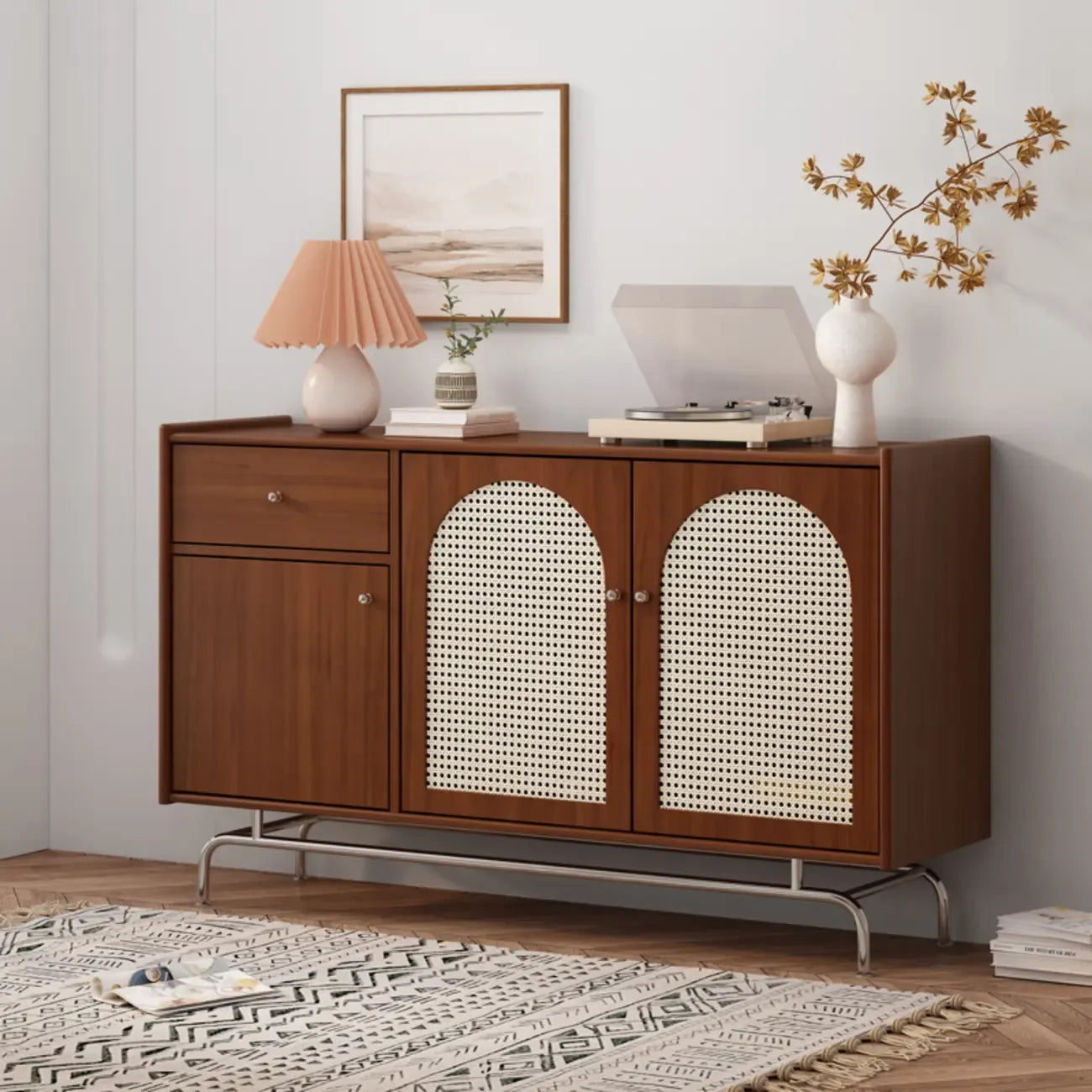 Modern Ink Wood Metal Base Rattan Cabinet for Living Room