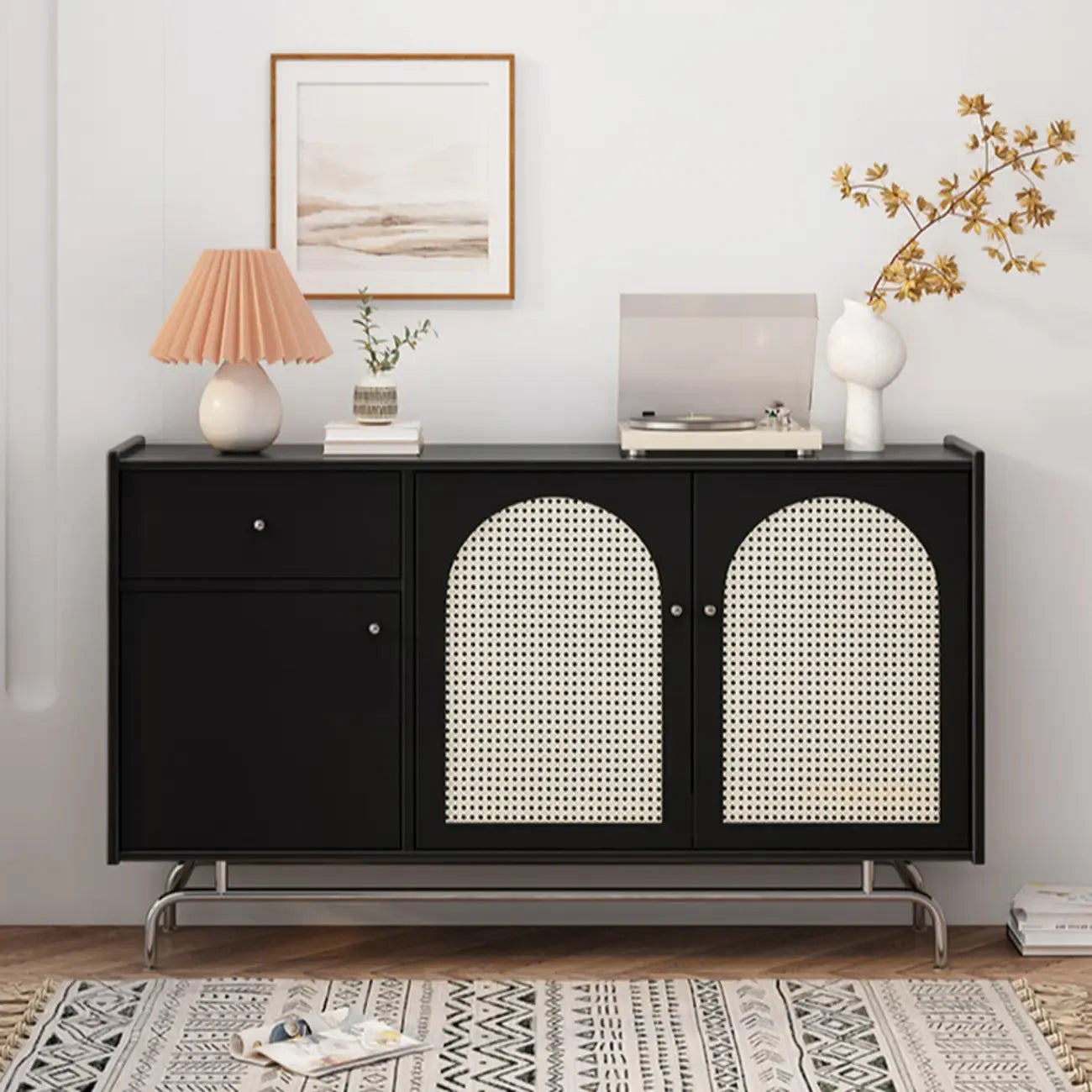 Modern Ink Wood Metal Base Rattan Cabinet for Living Room
