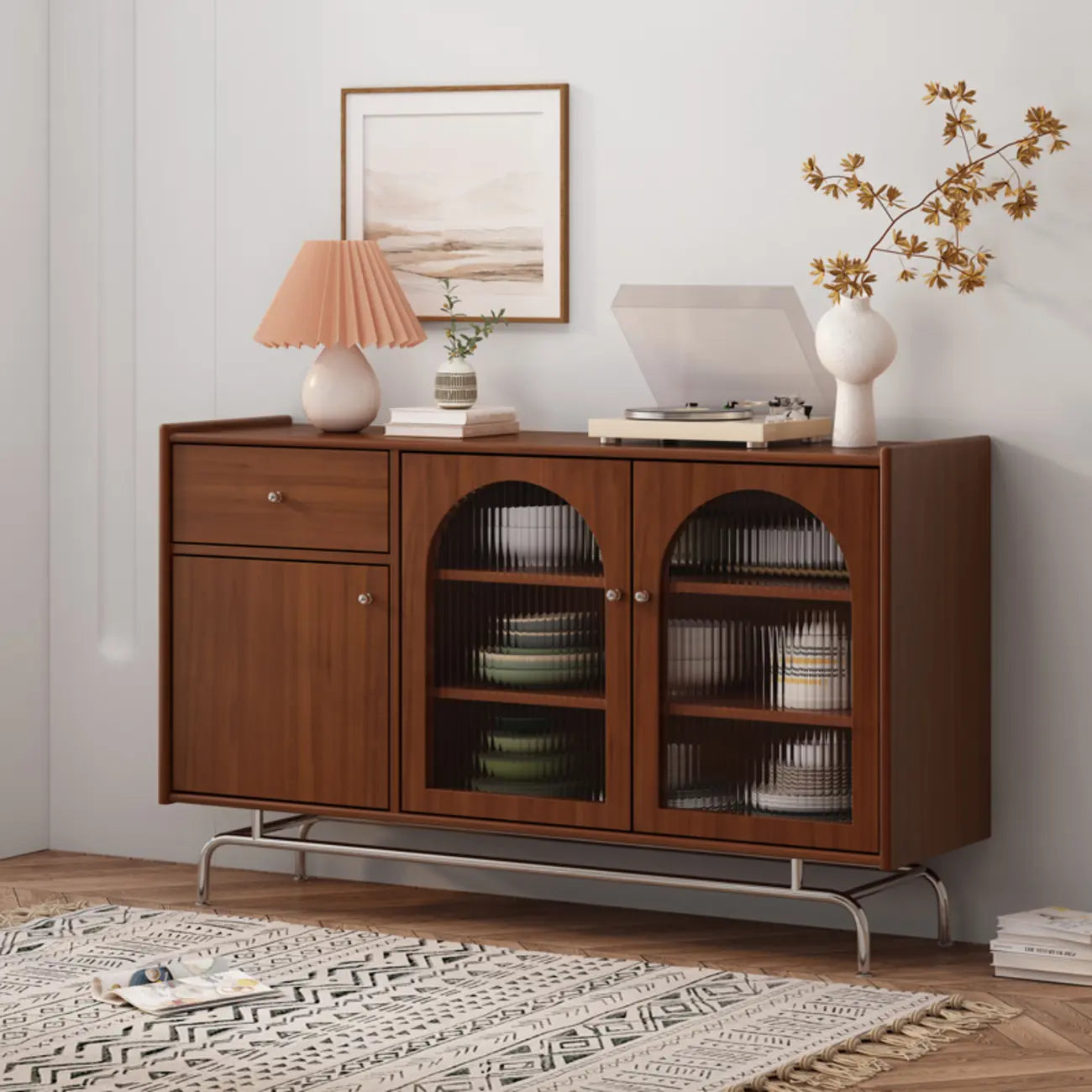 Modern Ink Wood Metal Base Rattan Cabinet for Living Room