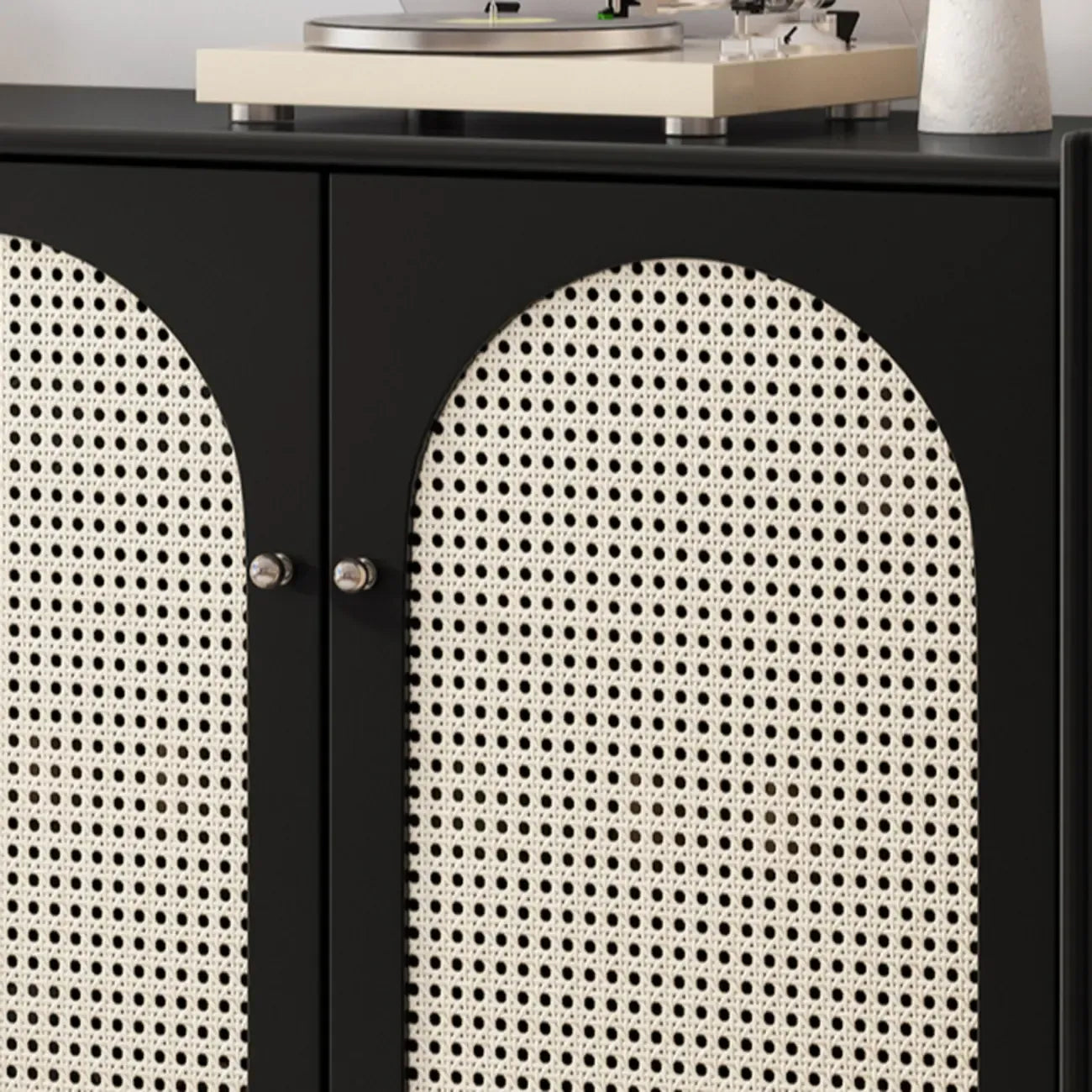 Modern Ink Wood Metal Base Rattan Cabinet for Living Room