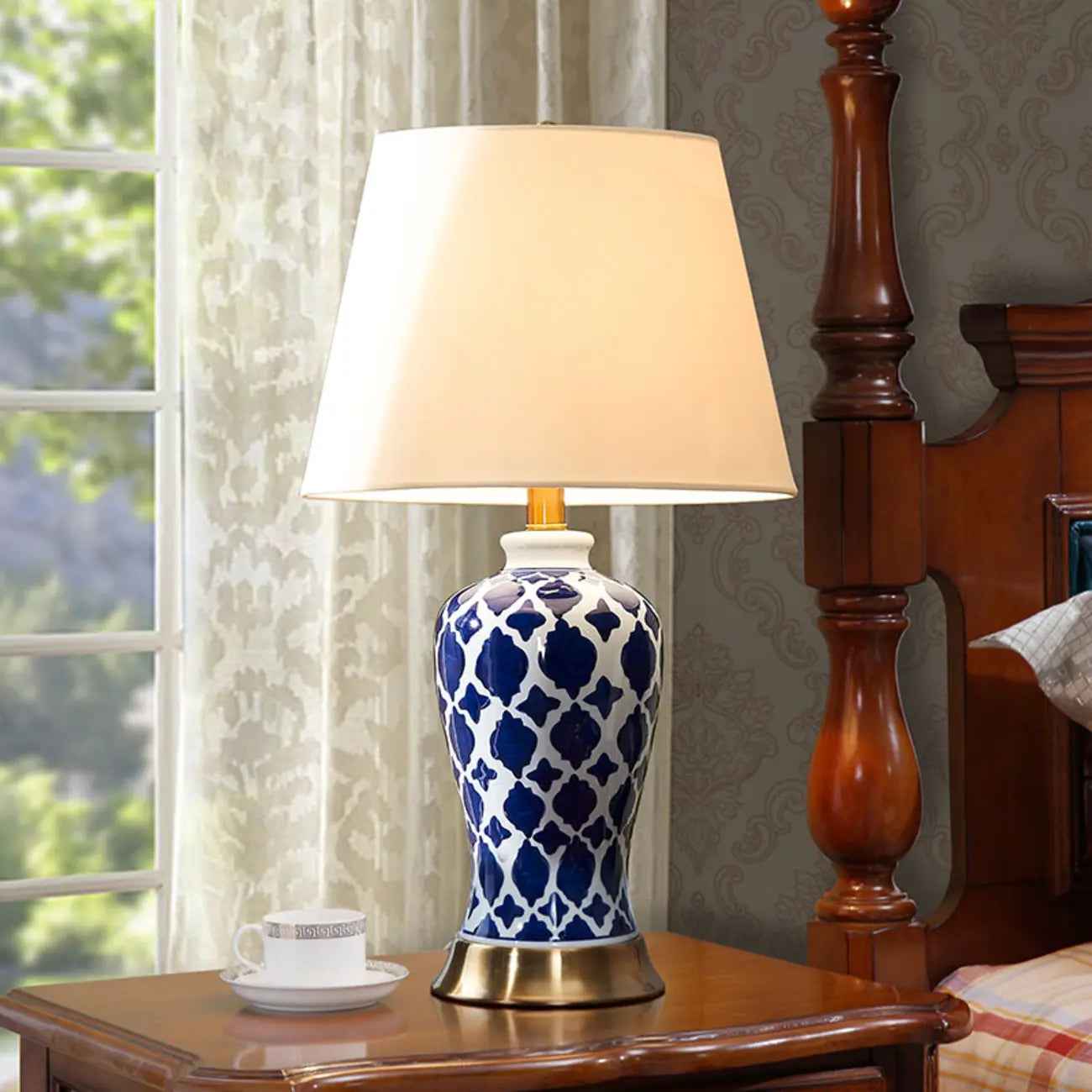Elegant Ceramic Table Lamp with Geometric Fabric Shade
