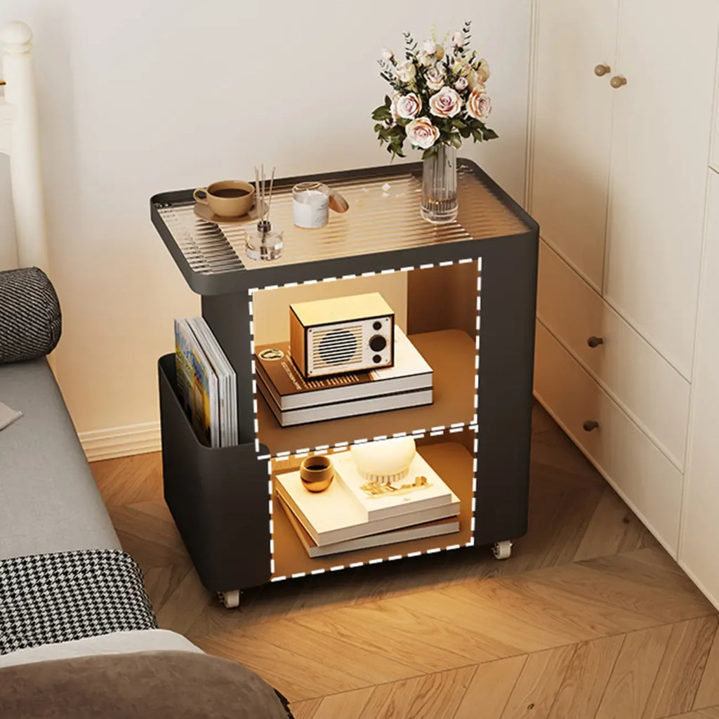 Postmodern 3 Shelves Open Storage Rolling Nightstand with Light