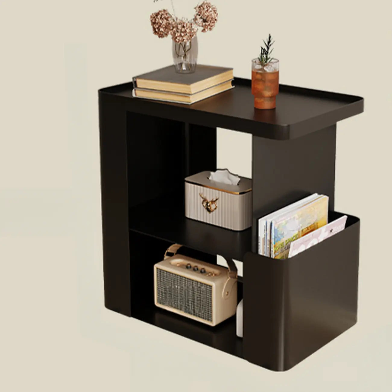 Postmodern 3 Shelves Open Storage Rolling Nightstand with Light