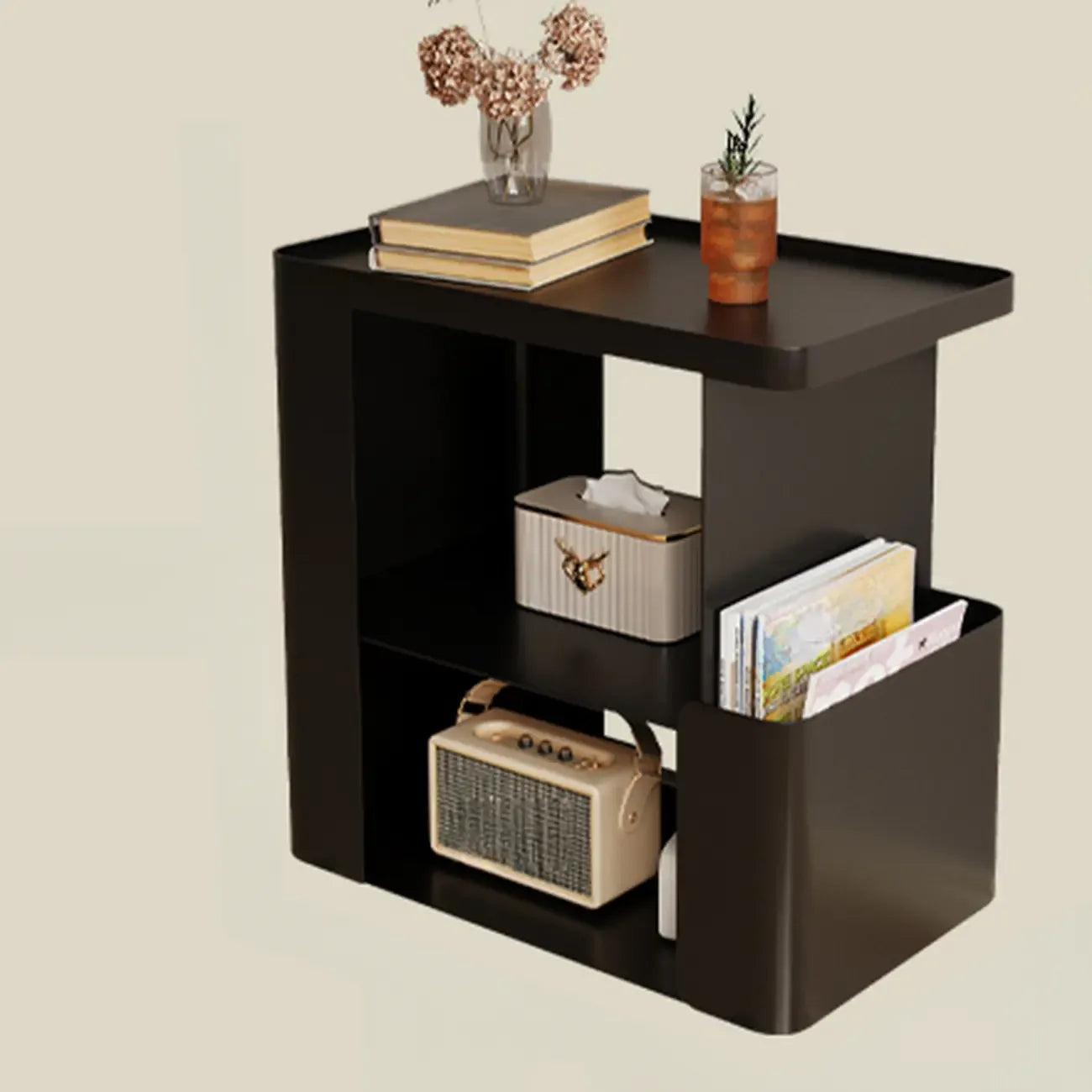 Postmodern 3 Shelves Open Storage Rolling Nightstand with Light
