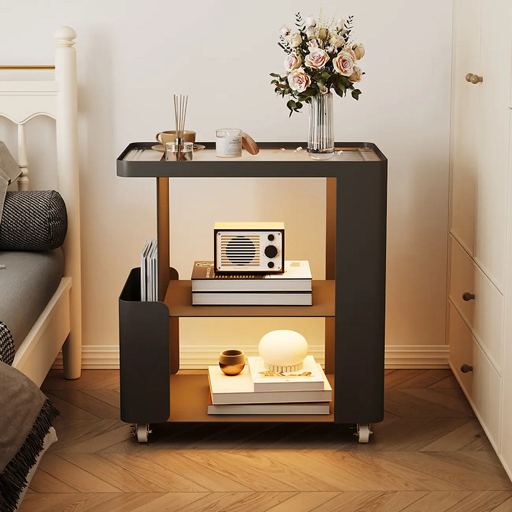 Postmodern 3 Shelves Open Storage Rolling Nightstand with Light