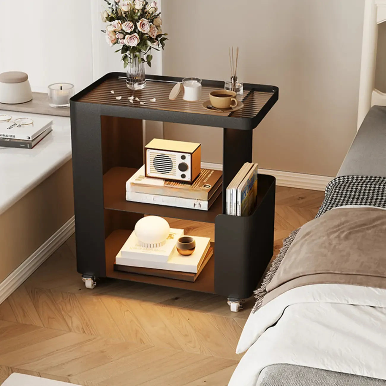 Postmodern 3 Shelves Open Storage Rolling Nightstand with Light