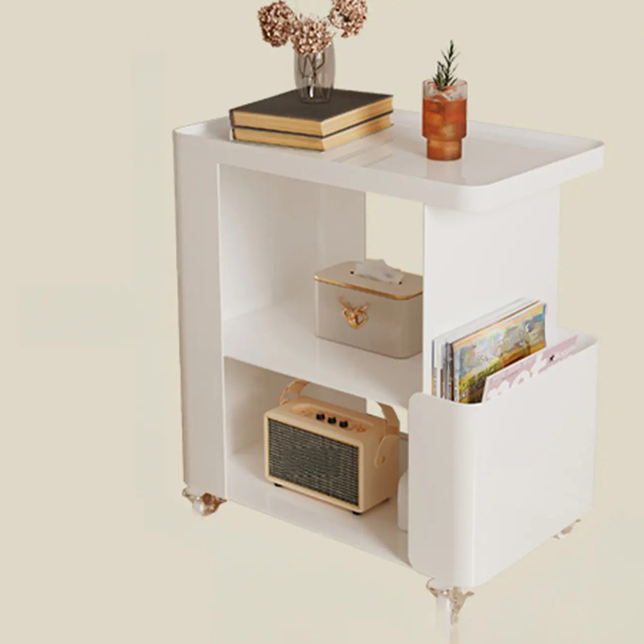 Postmodern 3 Shelves Open Storage Rolling Nightstand with Light