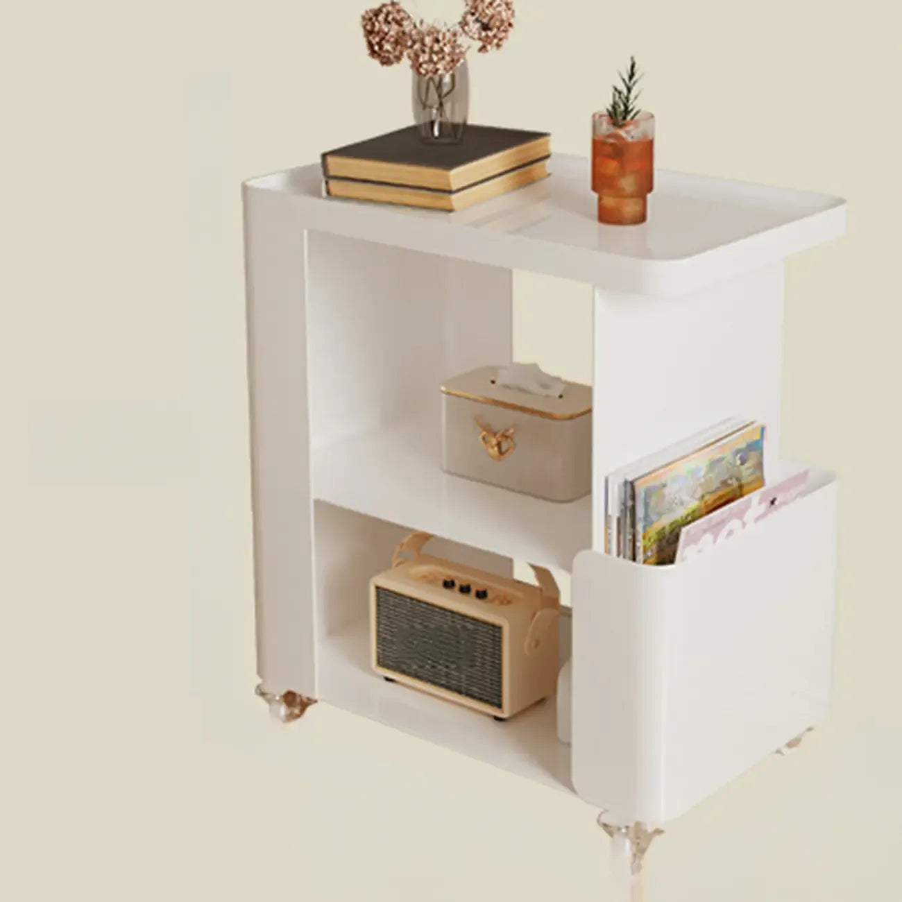 Postmodern 3 Shelves Open Storage Rolling Nightstand with Light
