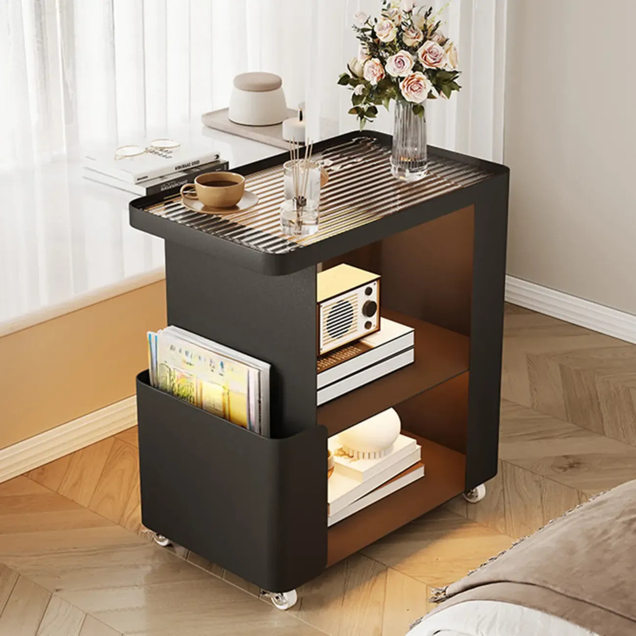 Postmodern 3 Shelves Open Storage Rolling Nightstand with Light