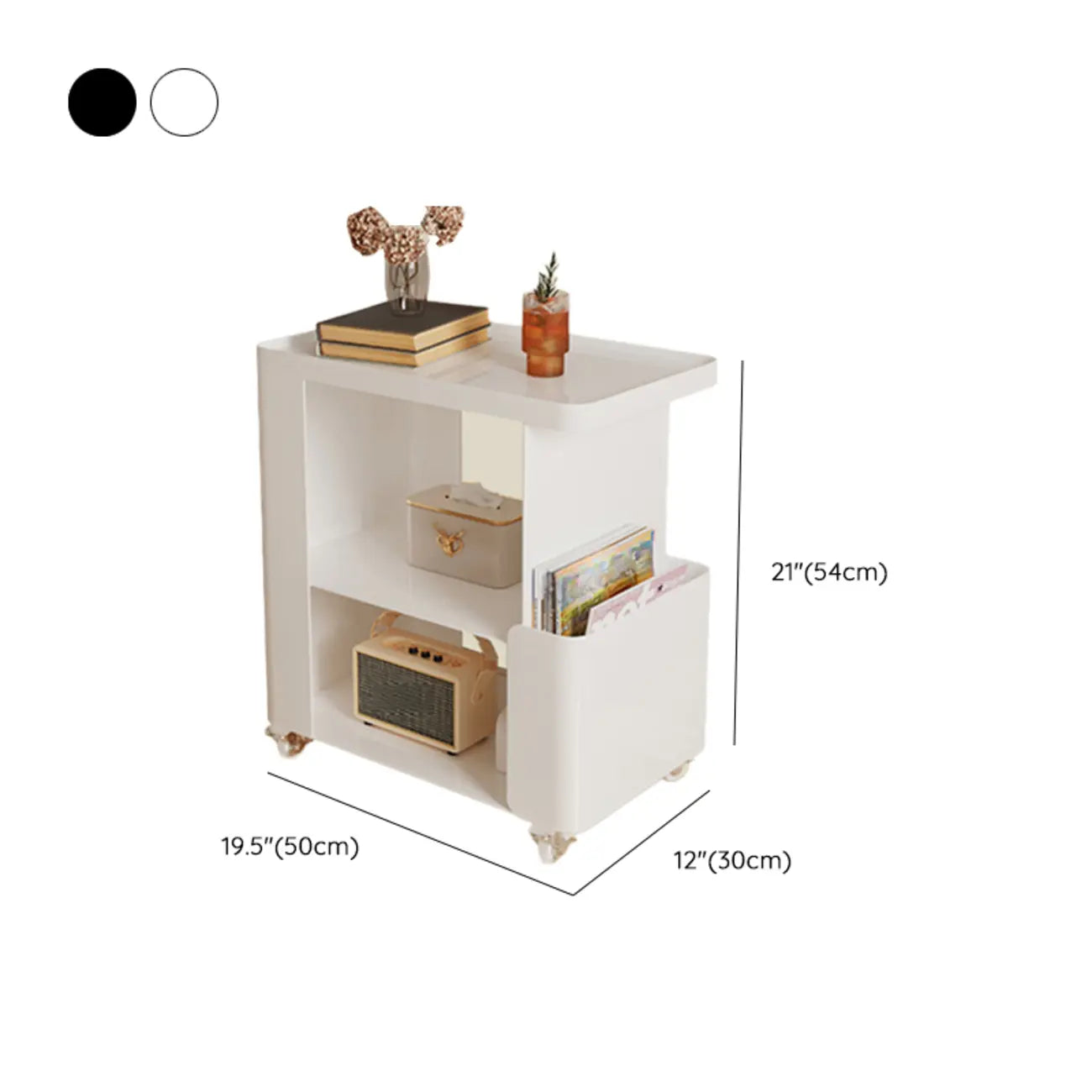 Postmodern 3 Shelves Open Storage Rolling Nightstand with Light
