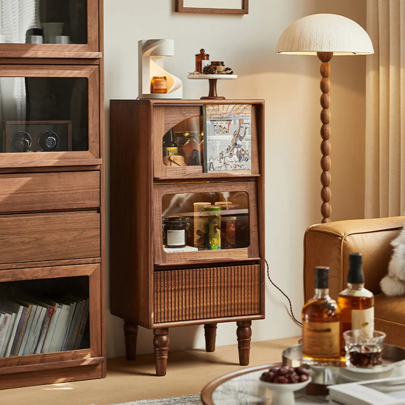 Freestanding Wood Brown Curio Cabinet with Glass Door