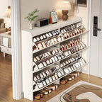 Slim Drop Front 3-Tier White Wood Shoe Storage Cabinet