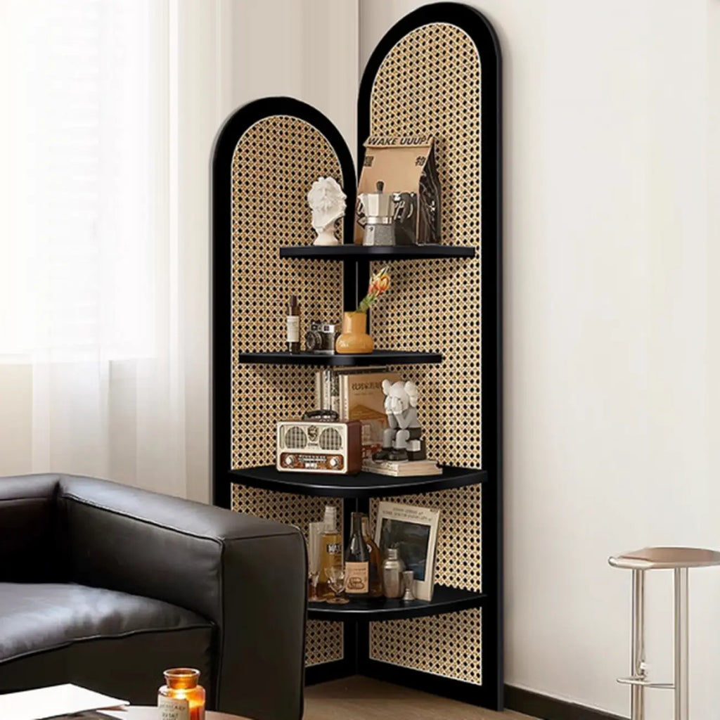 Elegant Wicker Black Wood Corner Open Display Cabinet