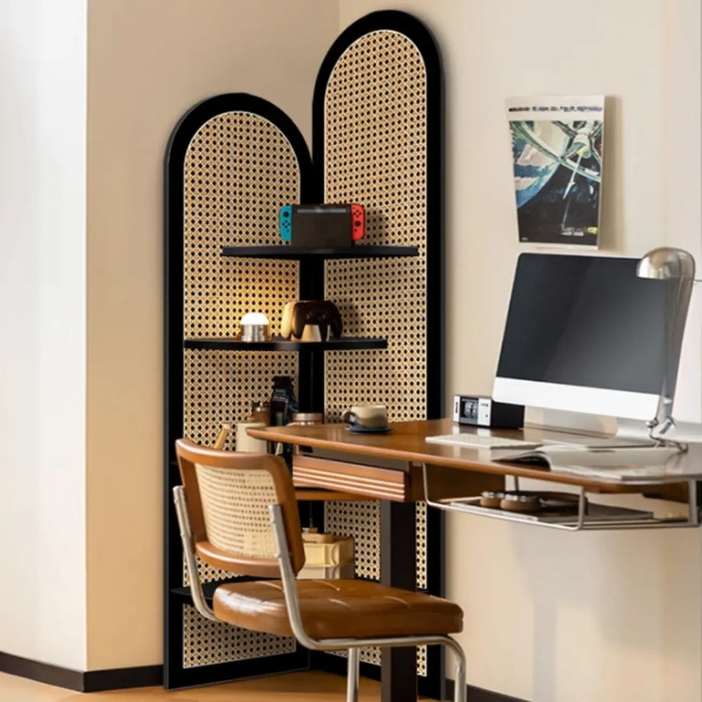 Elegant Wicker Black Wood Corner Open Display Cabinet