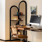 Elegant Wicker Black Wood Corner Open Display Cabinet