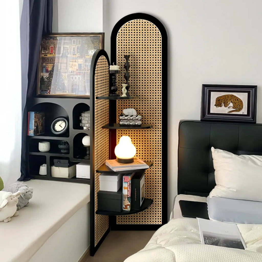 Elegant Wicker Black Wood Corner Open Display Cabinet
