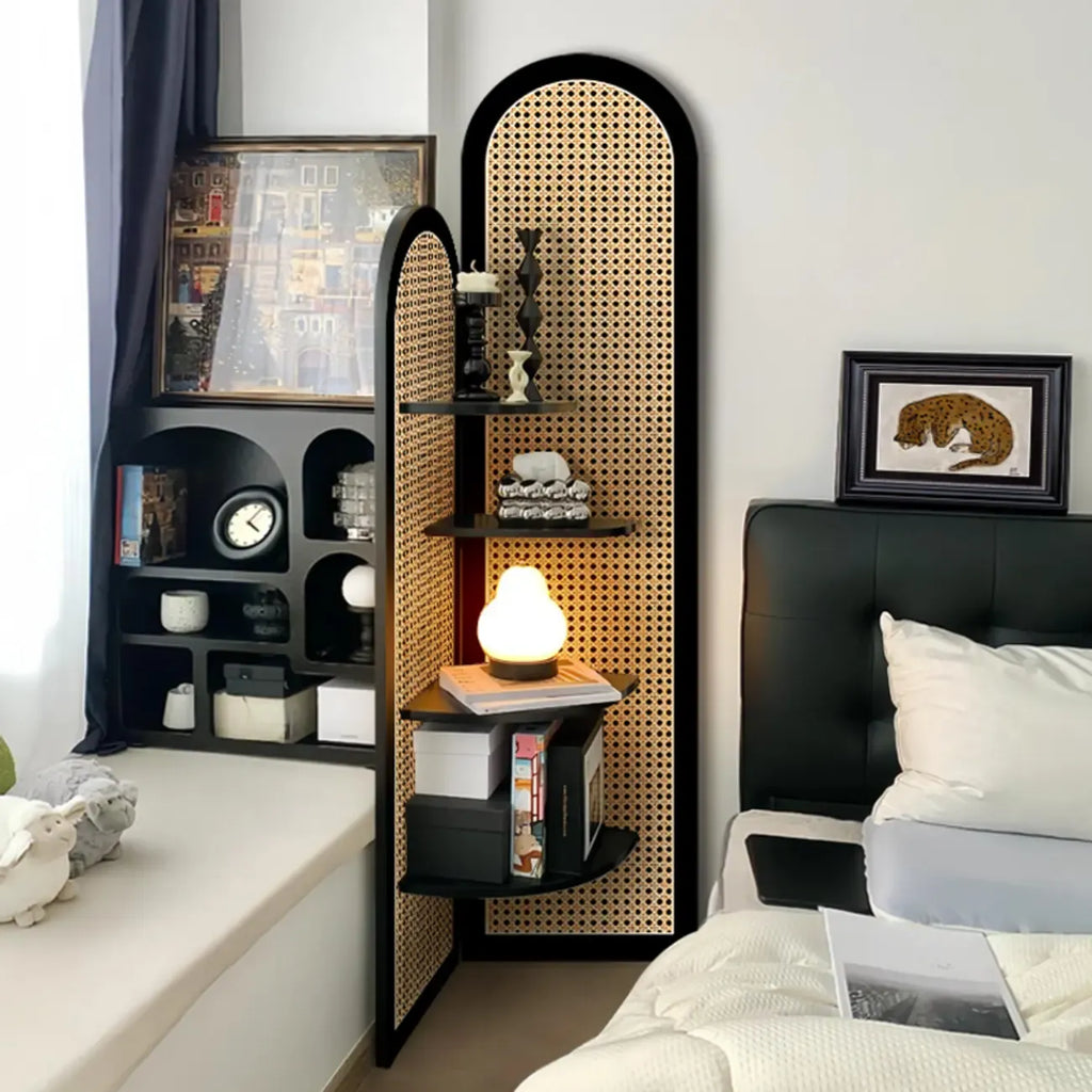 Elegant Wicker Black Wood Corner Open Display Cabinet
