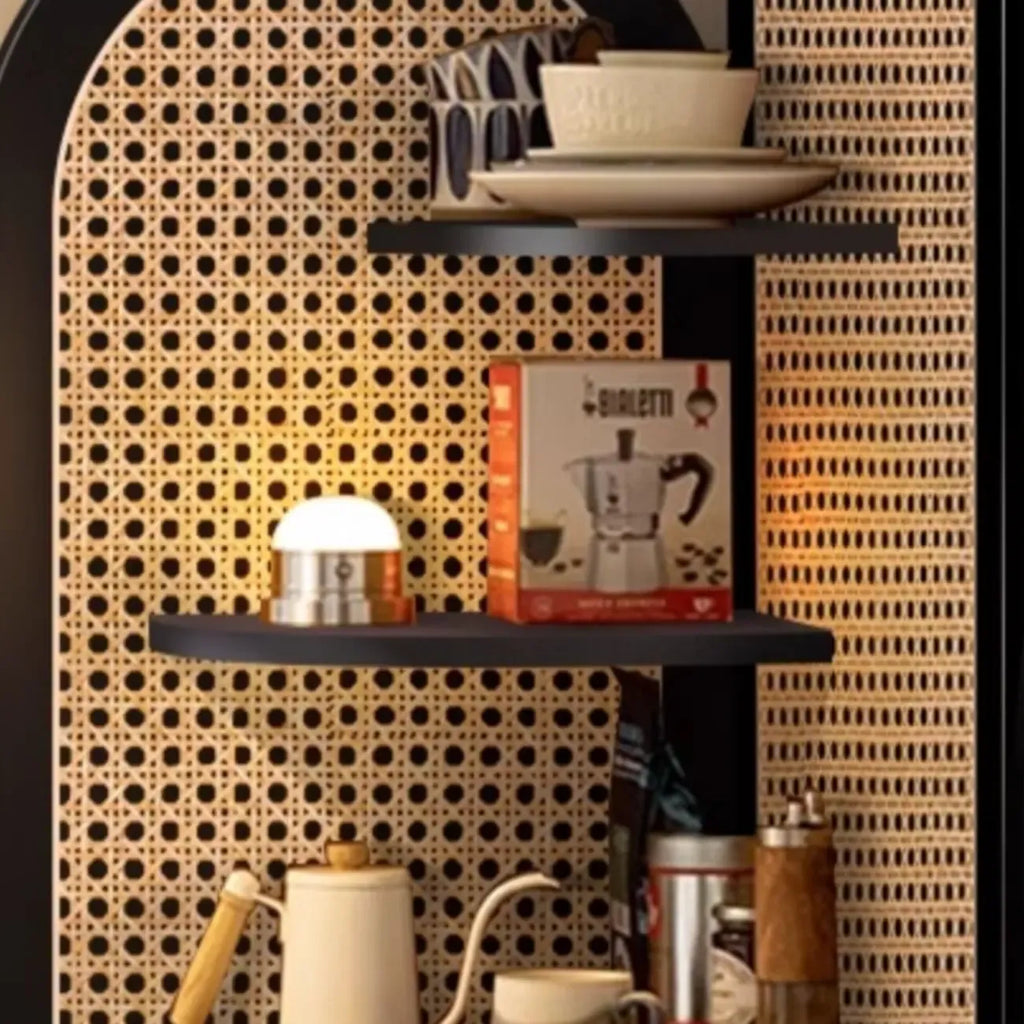 Elegant Wicker Black Wood Corner Open Display Cabinet