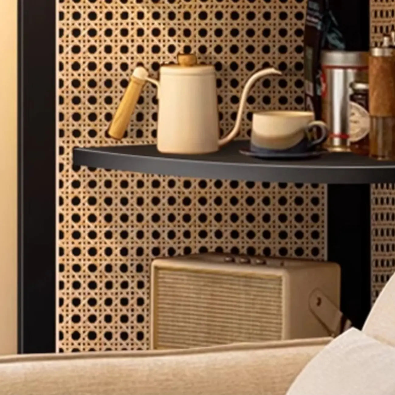 Elegant Wicker Black Wood Corner Open Display Cabinet