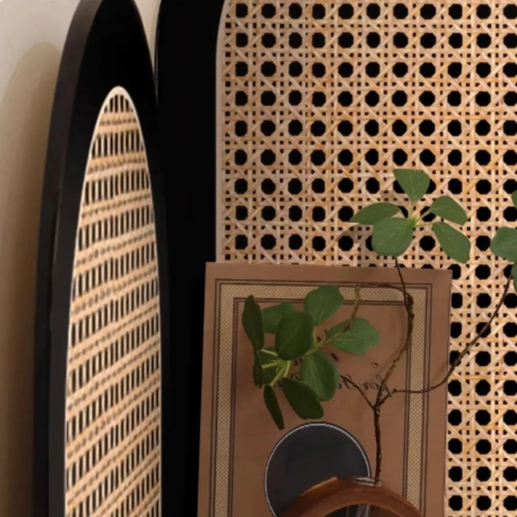 Elegant Wicker Black Wood Corner Open Display Cabinet