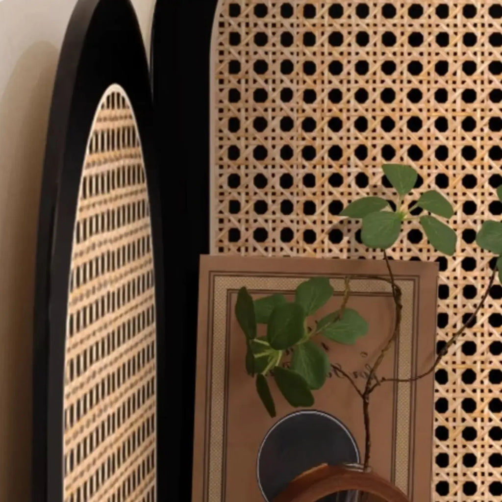 Elegant Wicker Black Wood Corner Open Display Cabinet