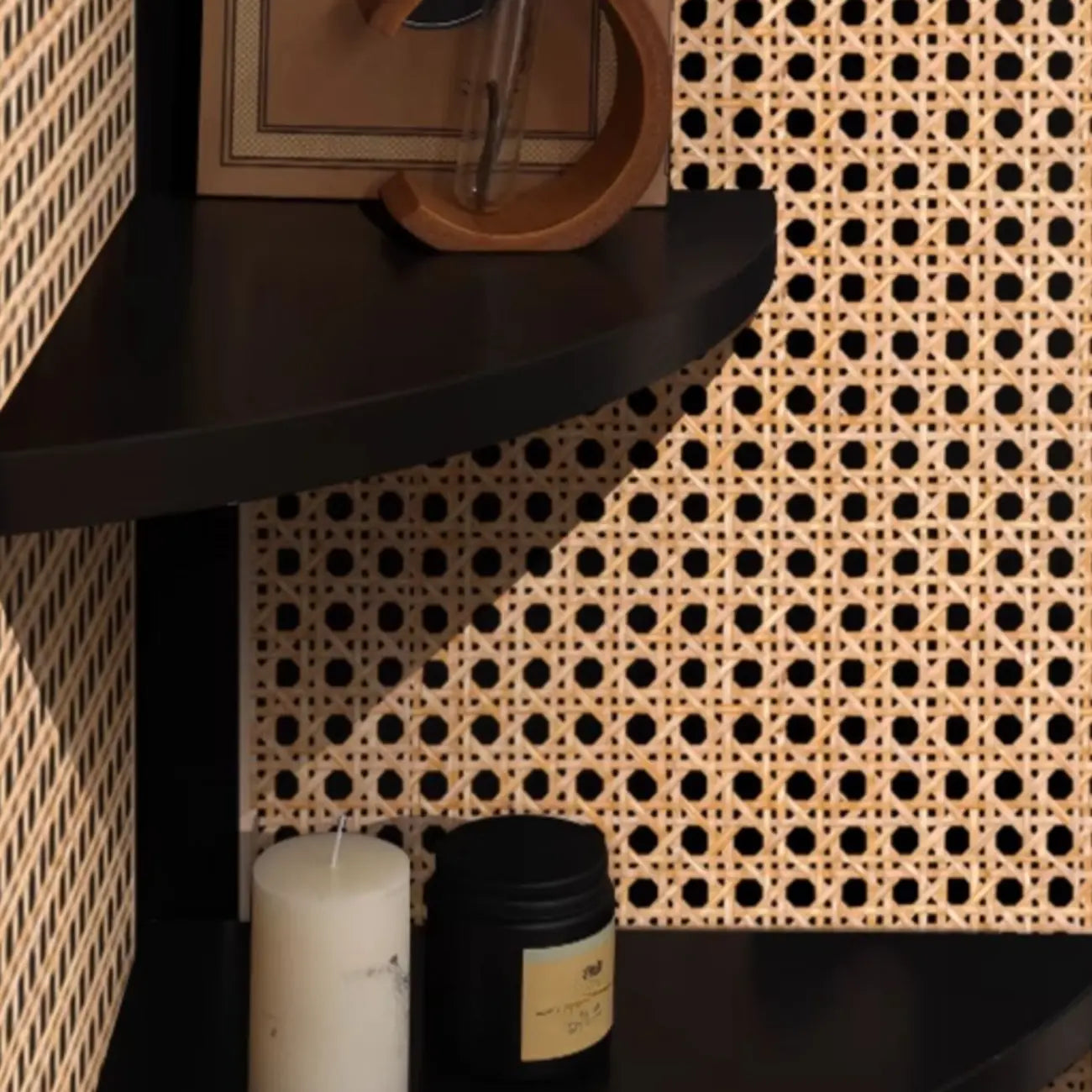 Elegant Wicker Black Wood Corner Open Display Cabinet