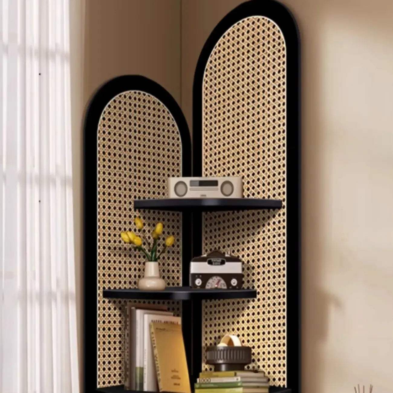 Elegant Wicker Black Wood Corner Open Display Cabinet