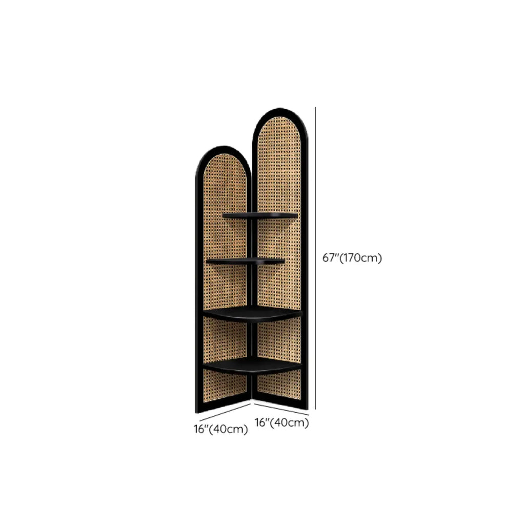 Elegant Wicker Black Wood Corner Open Display Cabinet