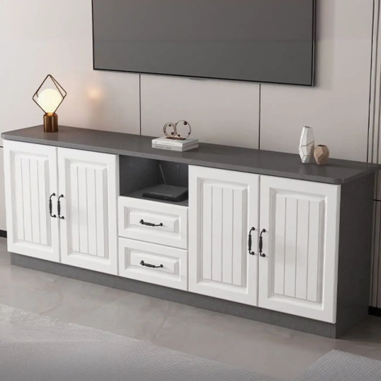 63 Living Room Gray Wood Open Storage TV Stand with Drawers