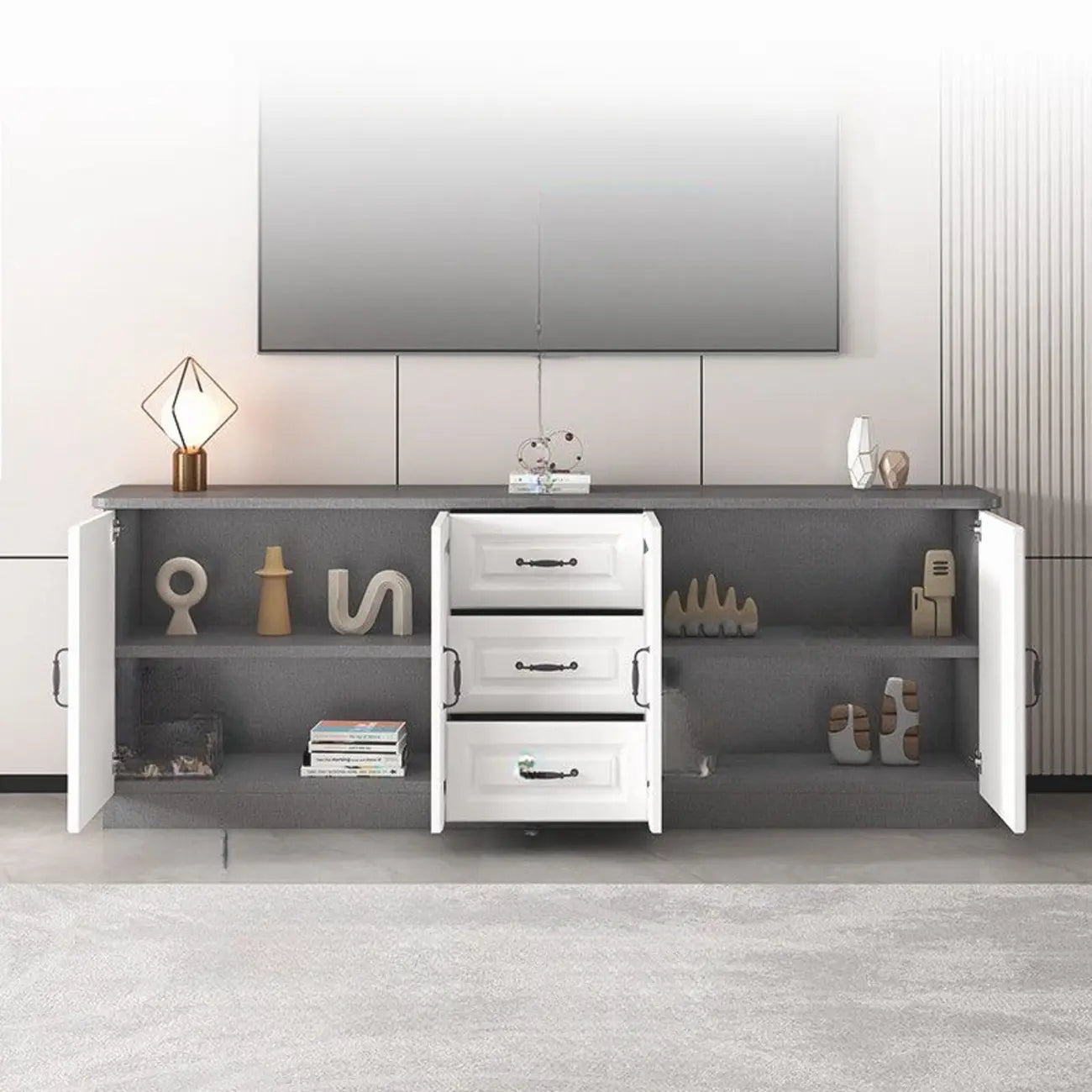 63 Living Room Gray Wood Open Storage TV Stand with Drawers