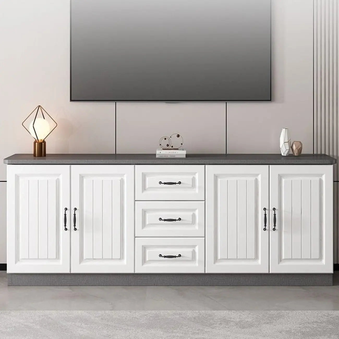 63 Living Room Gray Wood Open Storage TV Stand with Drawers