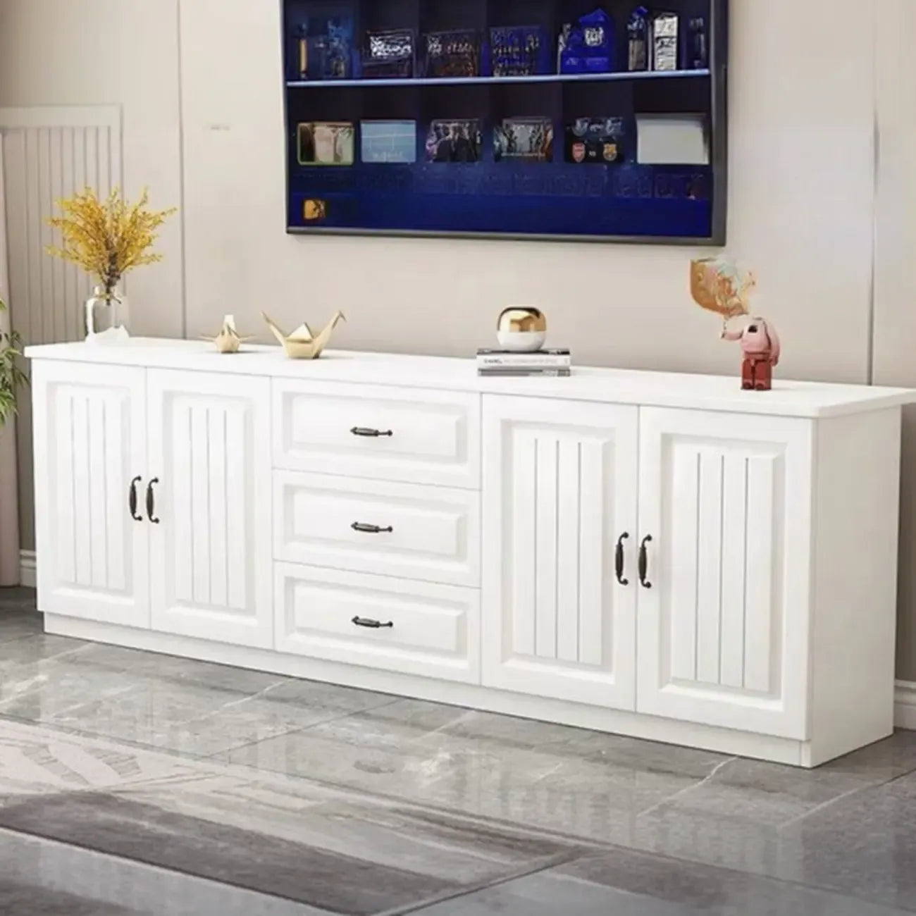 63 Living Room Gray Wood Open Storage TV Stand with Drawers