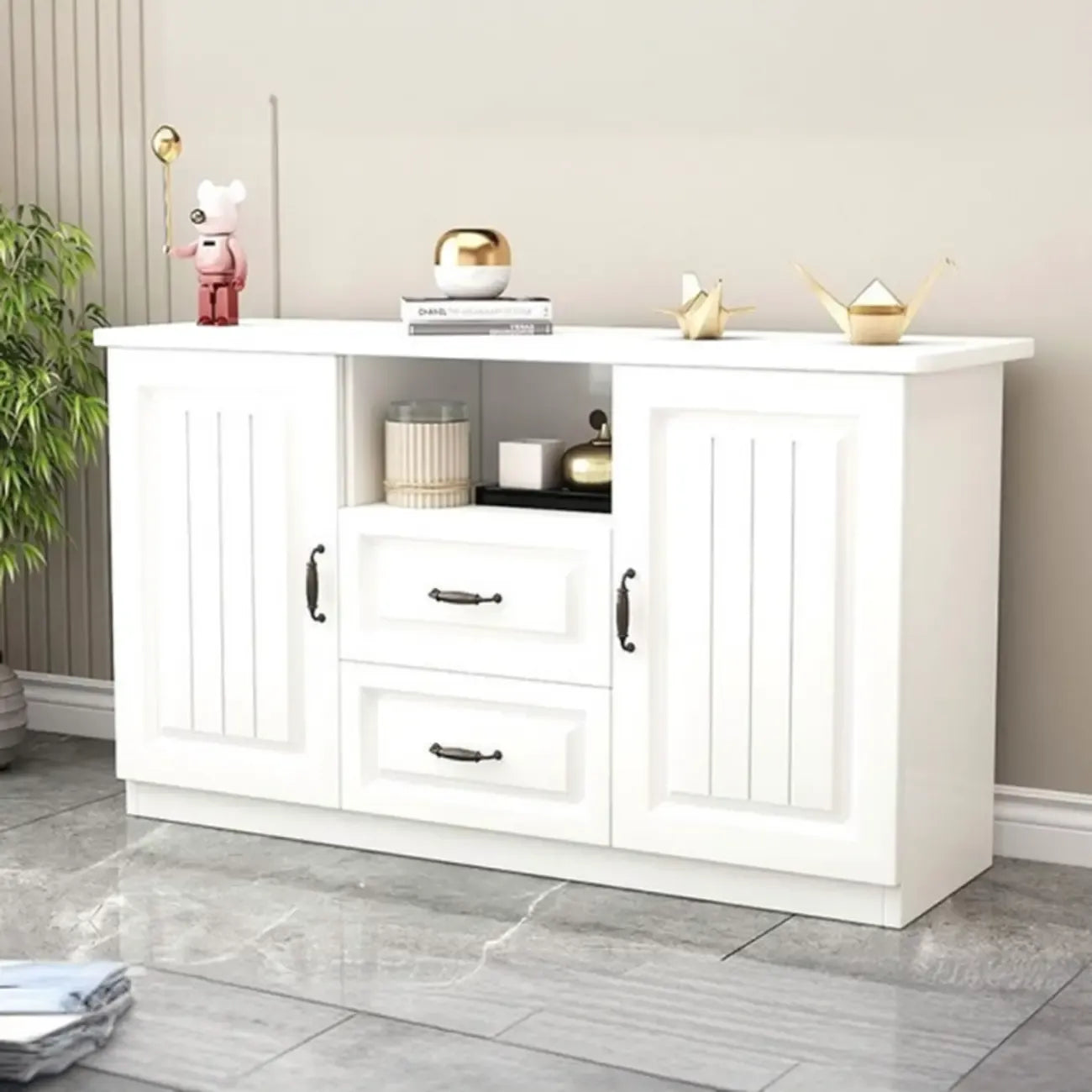 63 Living Room Gray Wood Open Storage TV Stand with Drawers