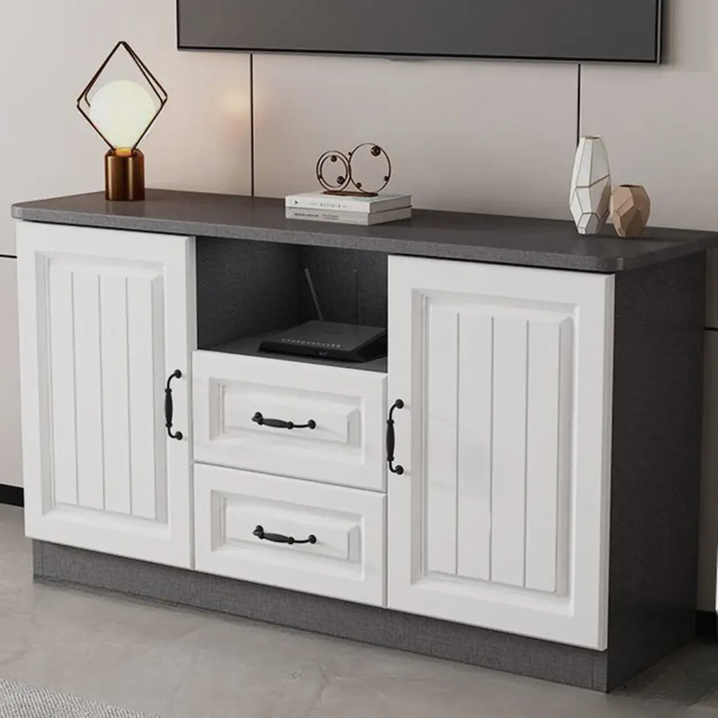 63 Living Room Gray Wood Open Storage TV Stand with Drawers