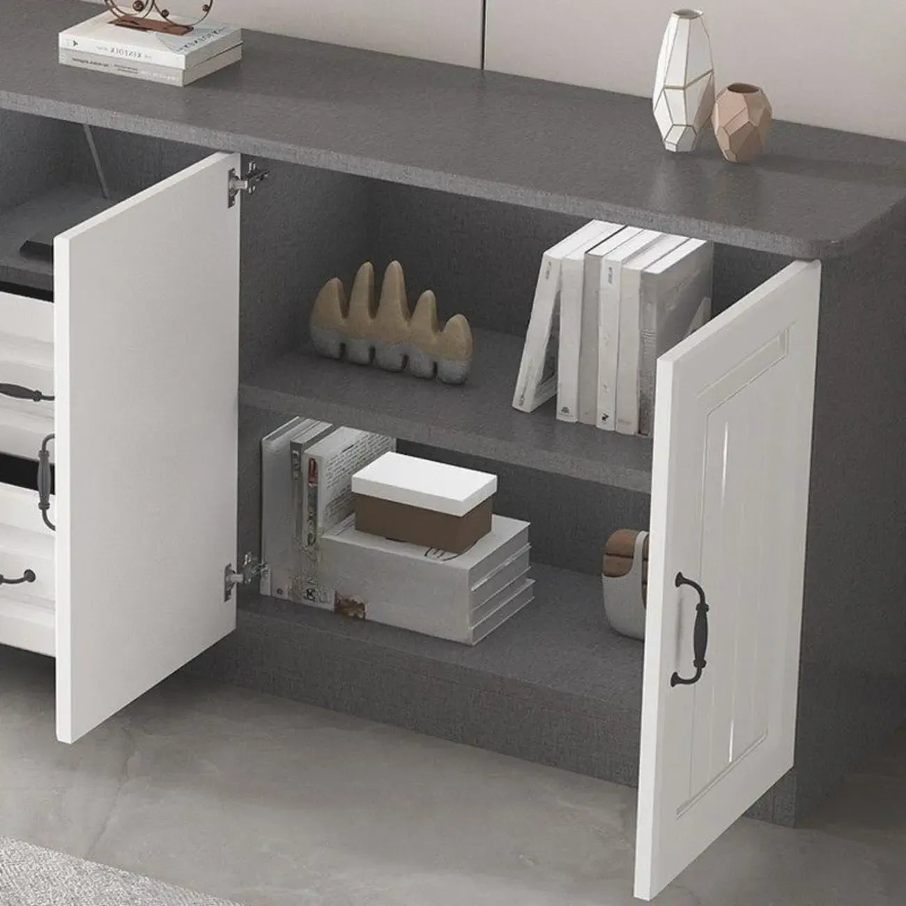 63 Living Room Gray Wood Open Storage TV Stand with Drawers