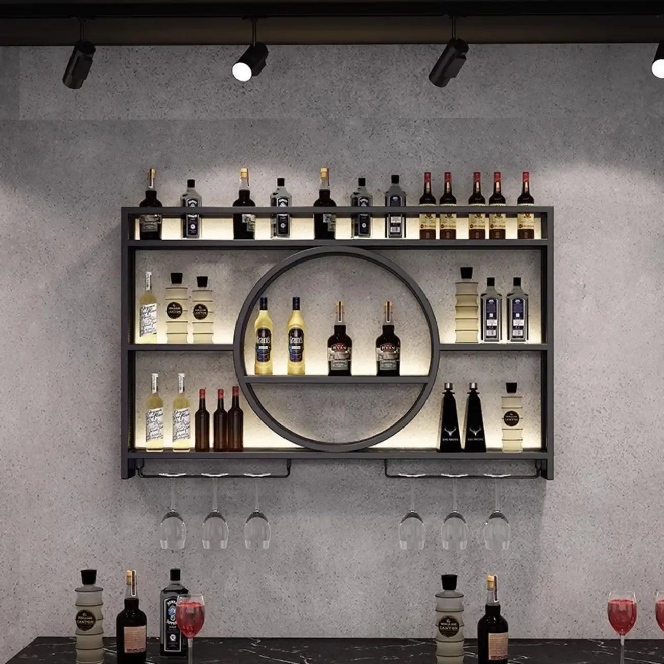 Black Circular Metal Wall Mounted Wine Rack