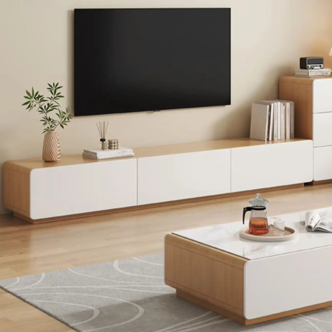Wooden TV cabinet with storage and cable management
