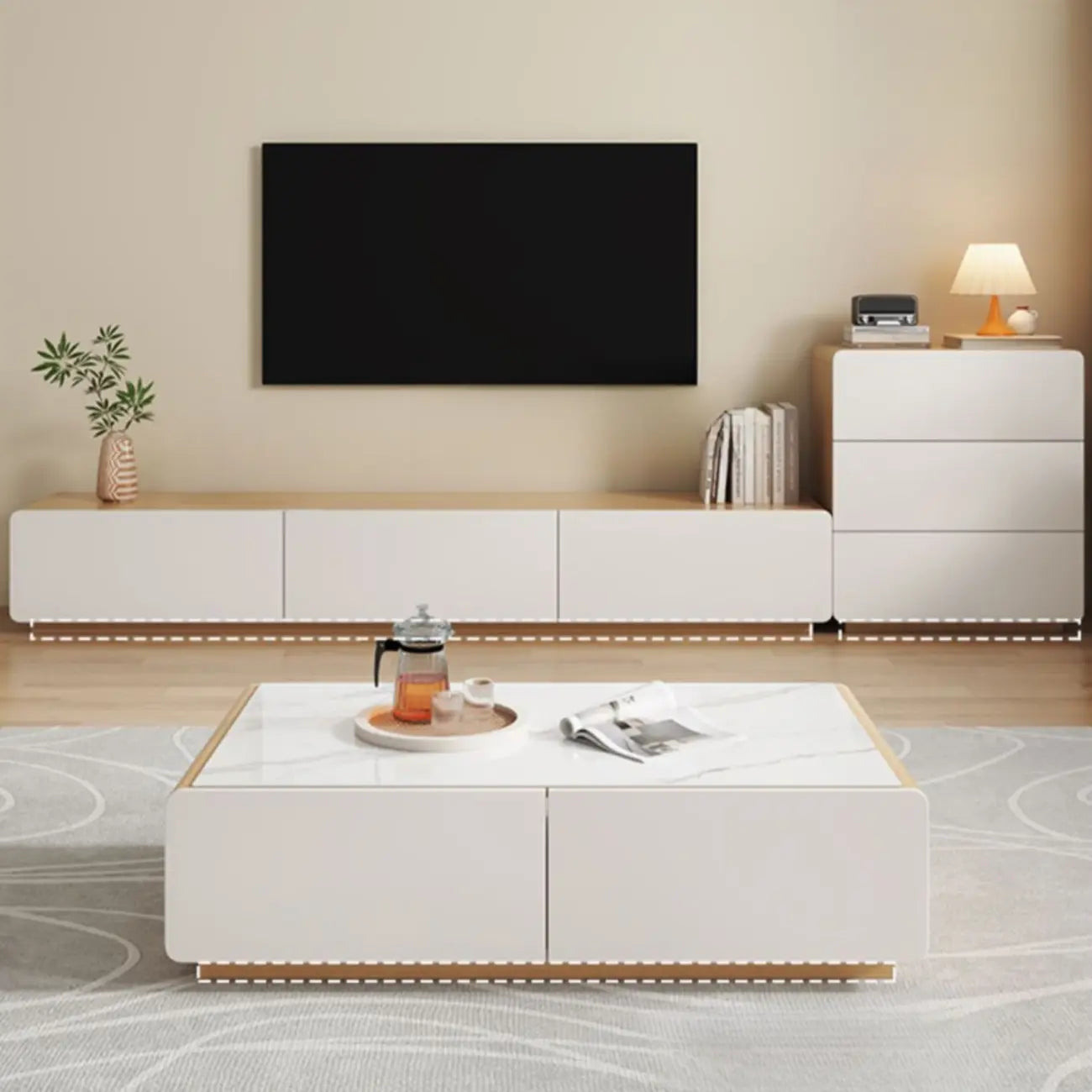 Wooden TV cabinet with storage and cable management