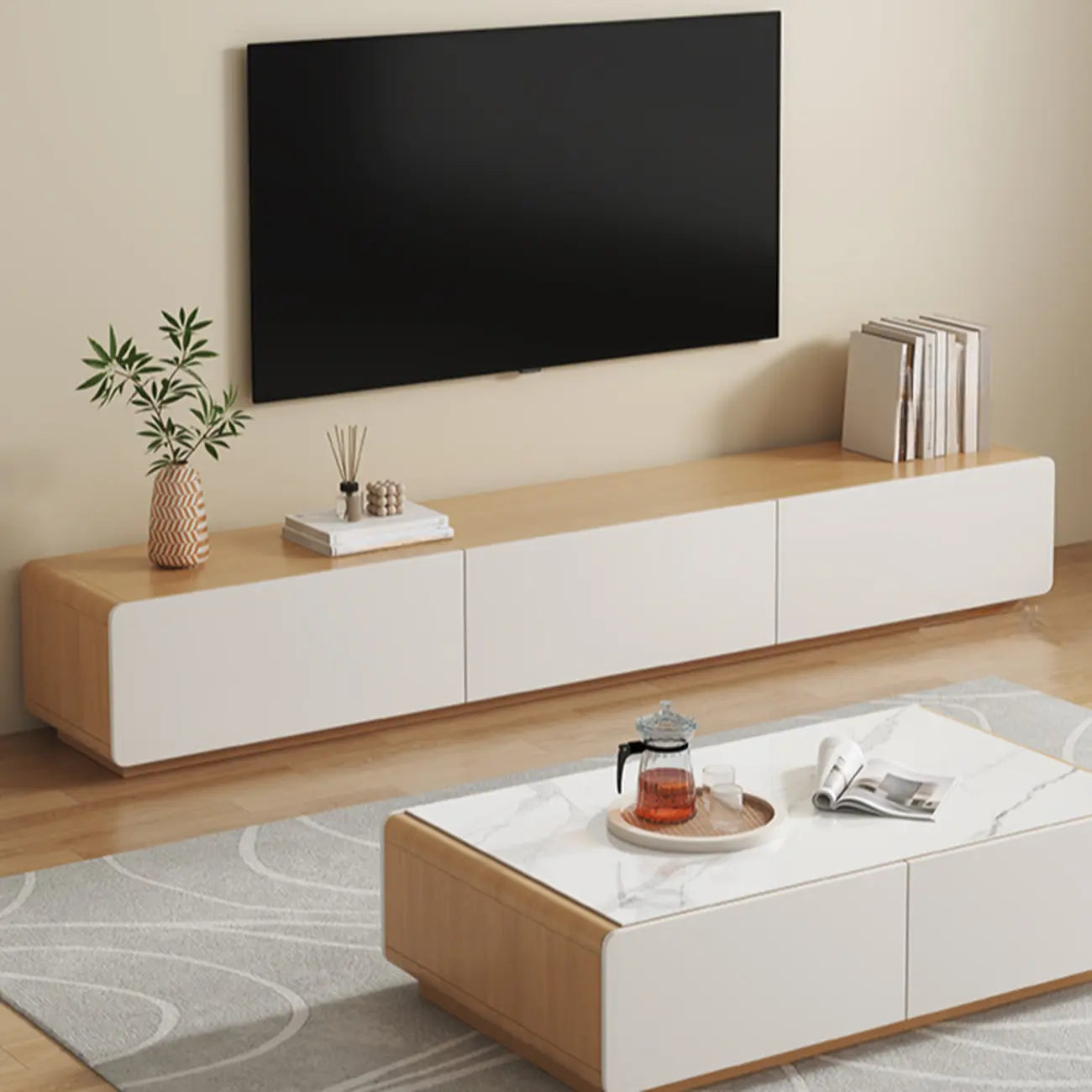 Wooden TV cabinet with storage and cable management