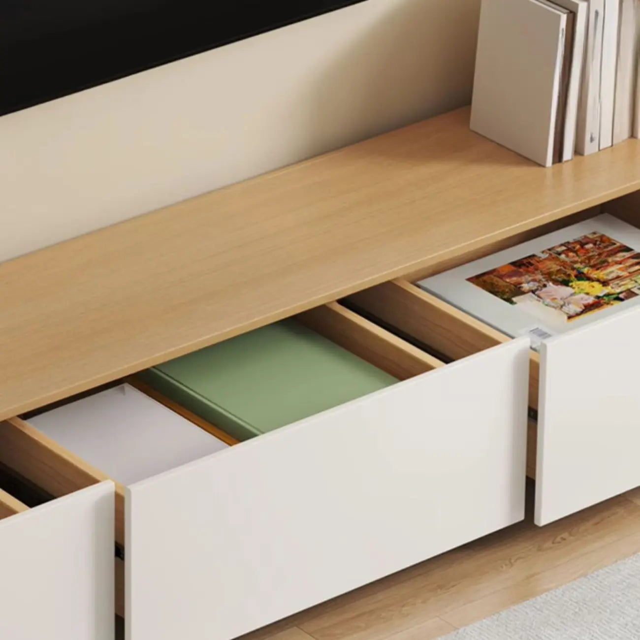 Wooden TV cabinet with storage and cable management