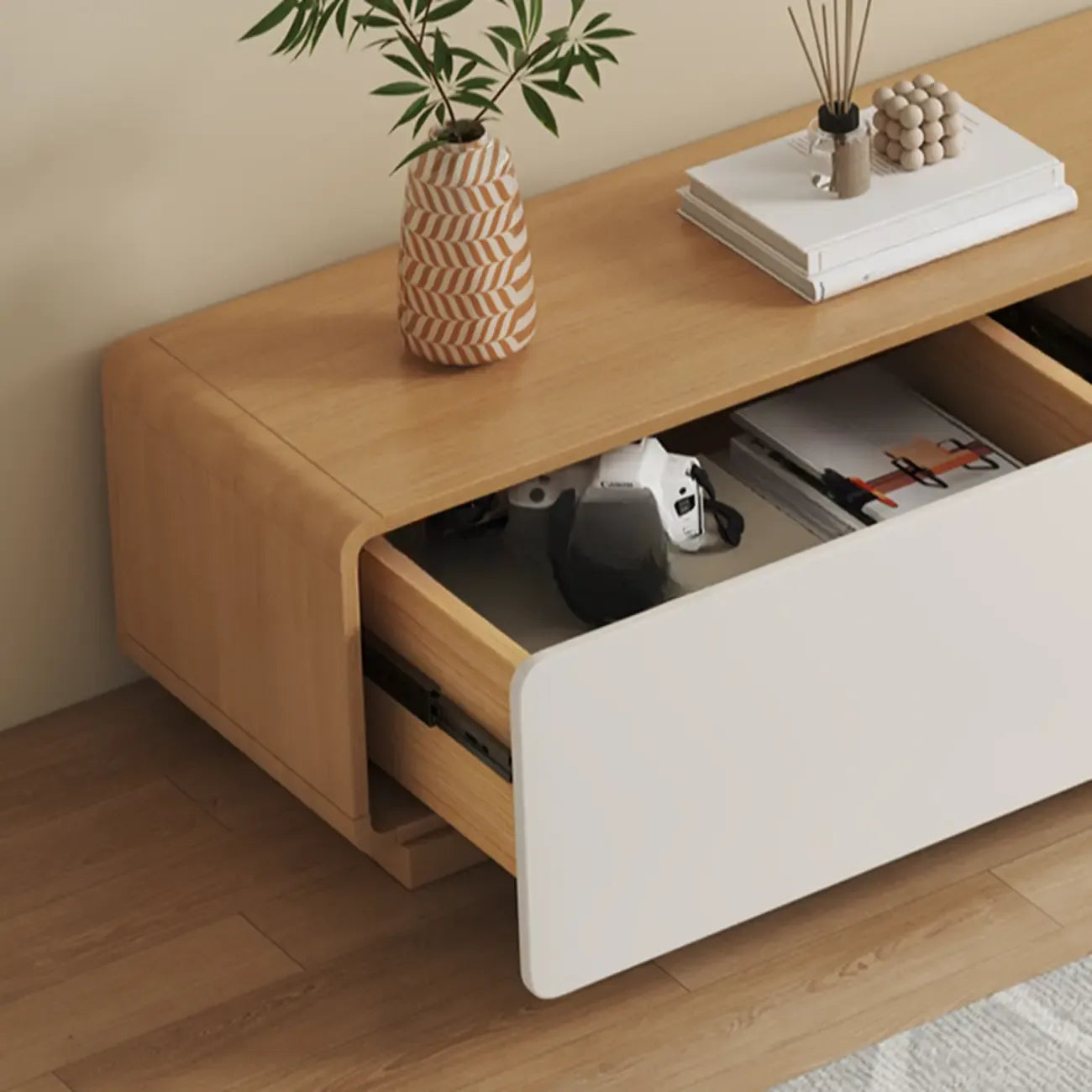 Wooden TV cabinet with storage and cable management