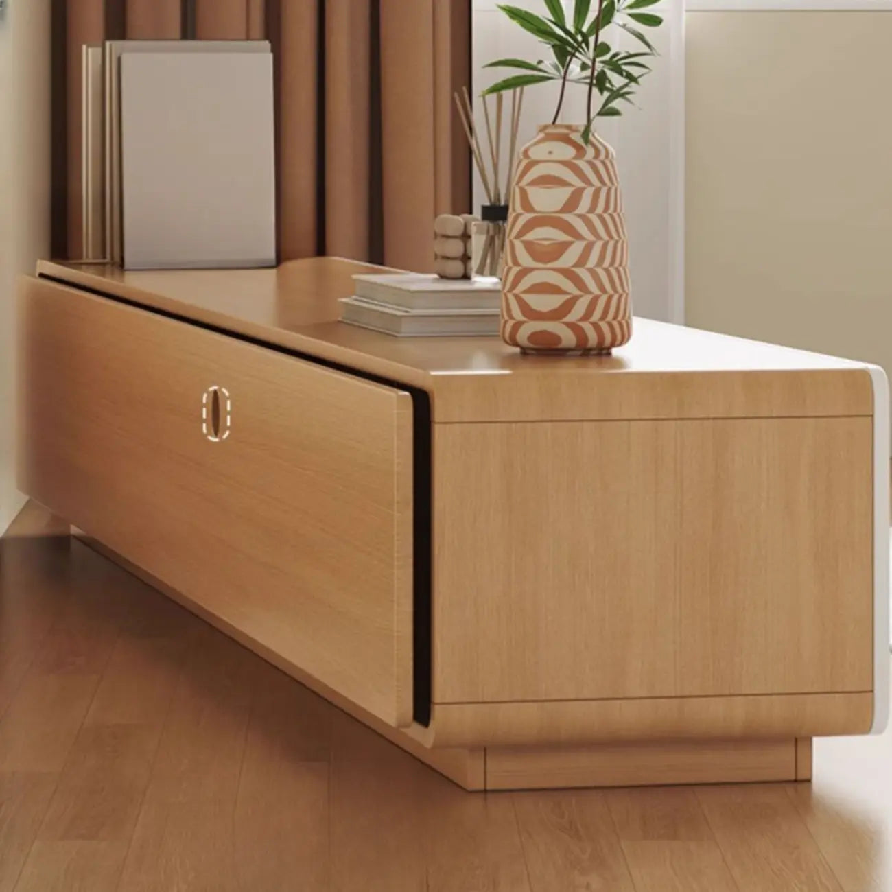 Wooden TV cabinet with storage and cable management